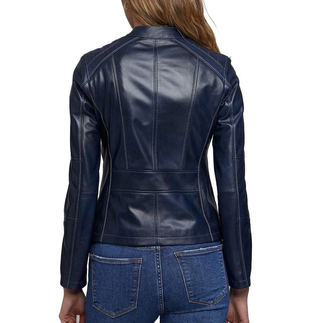Women Navy Blue Biker Leather Jacket